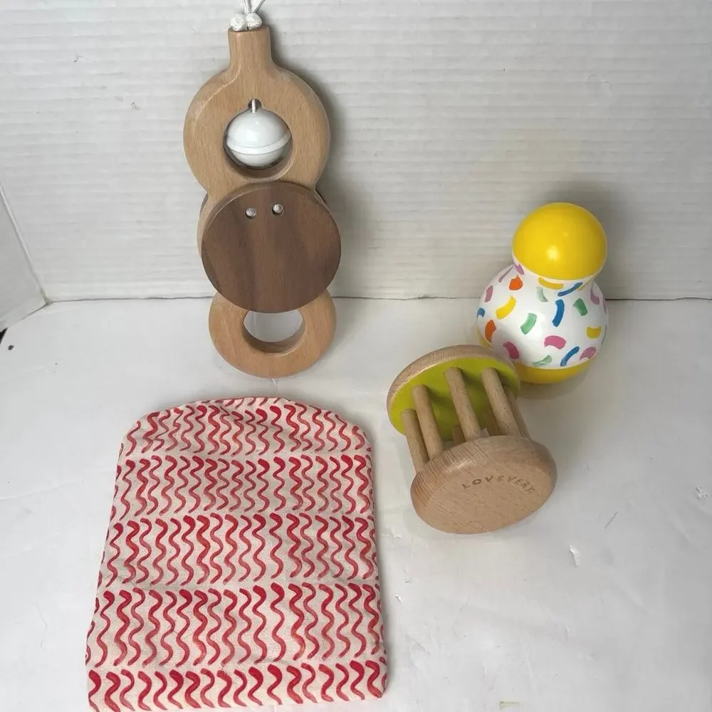 Lovevery Lot of Developmental Play Toys(4) Crinkle, Wobbler and Wooden Rattles